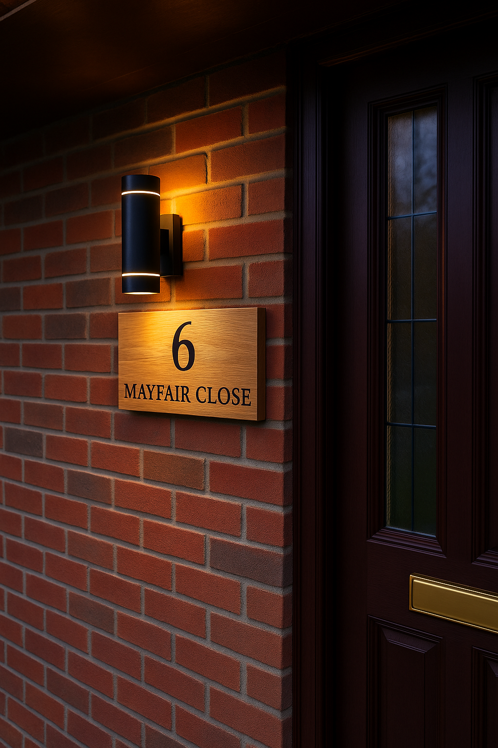 Door name and number sign made with steamed beech wood with a light above illuminating the sign
