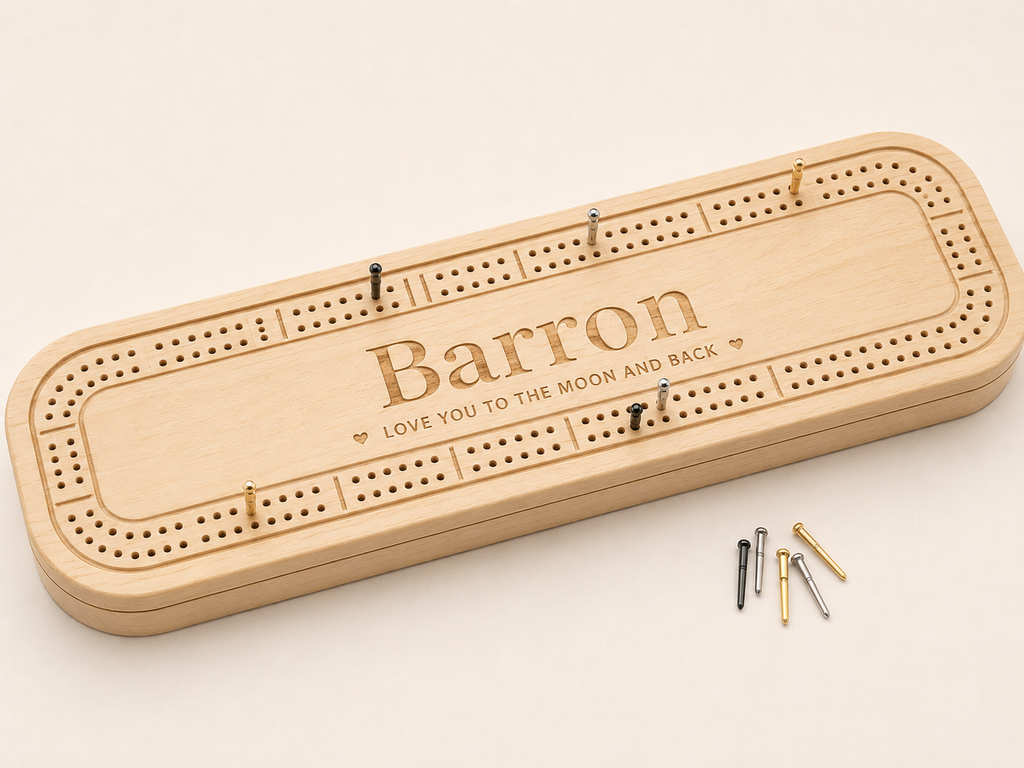Personalised wooden cribbage board supporting product image