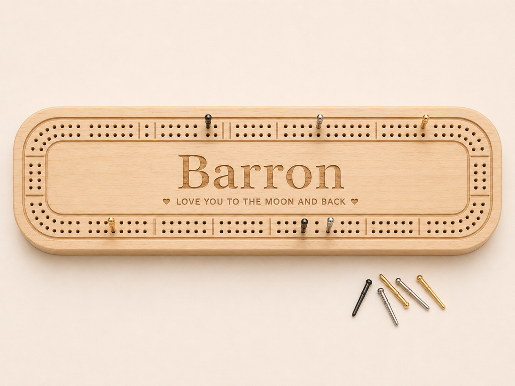 Personalised wooden cribbage board with engraved message