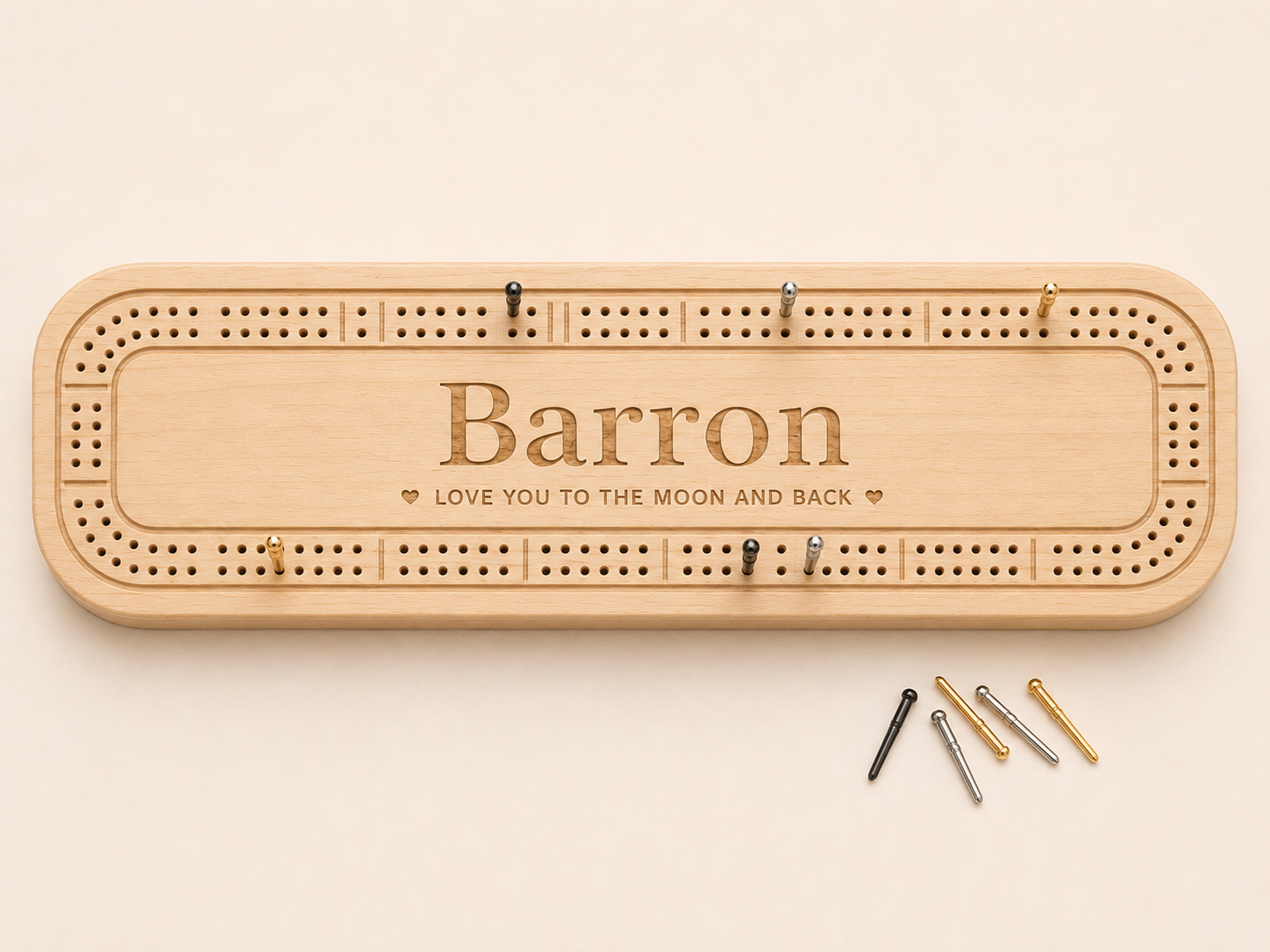 Personalised wooden cribbage board with engraved message