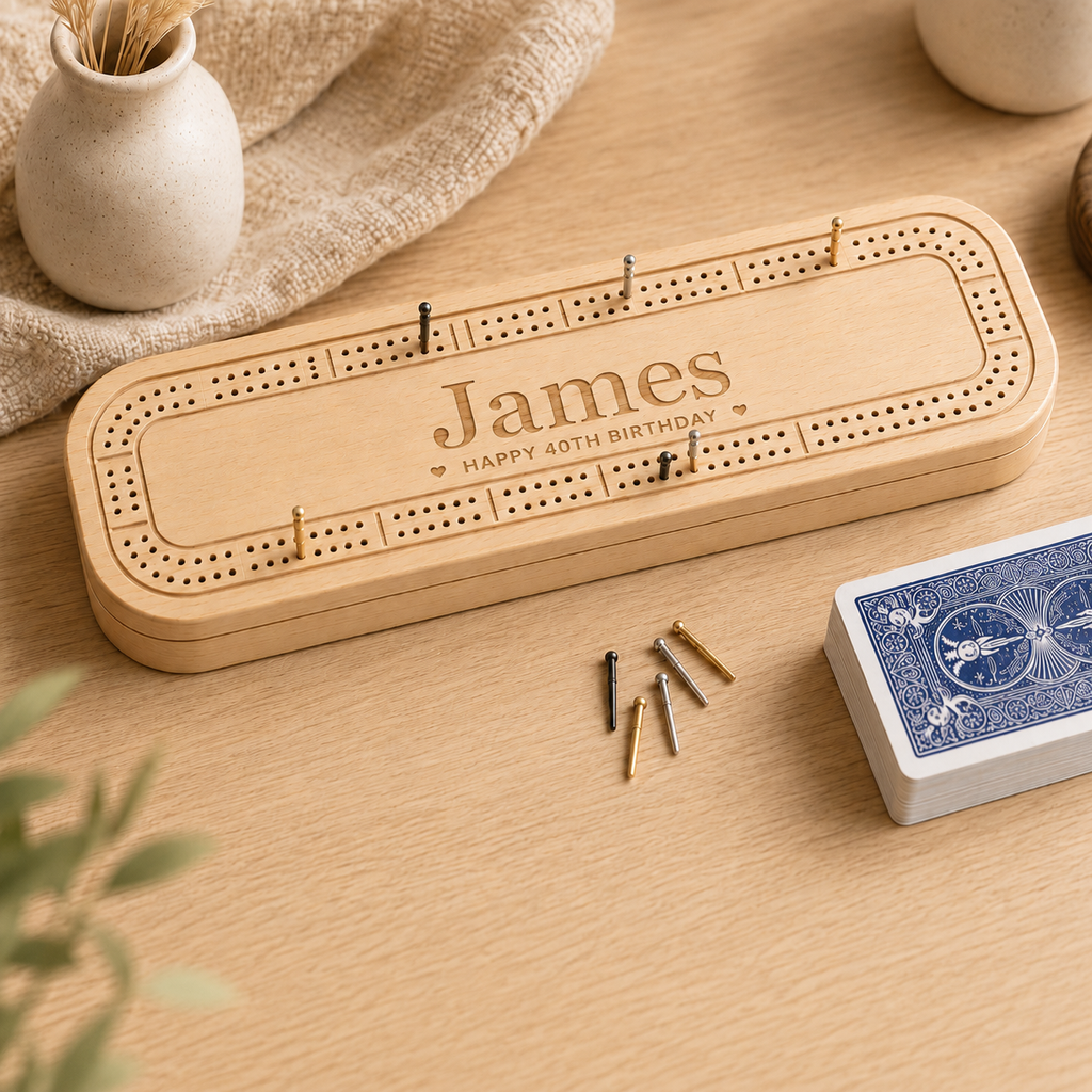 Personalised wooden cribbage board gift scene