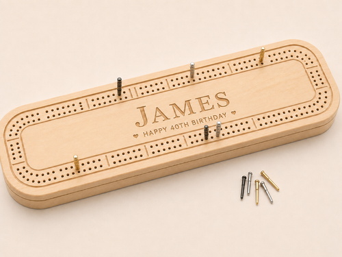 Personalised wooden cribbage board engraved with James and Happy 40th Birthday