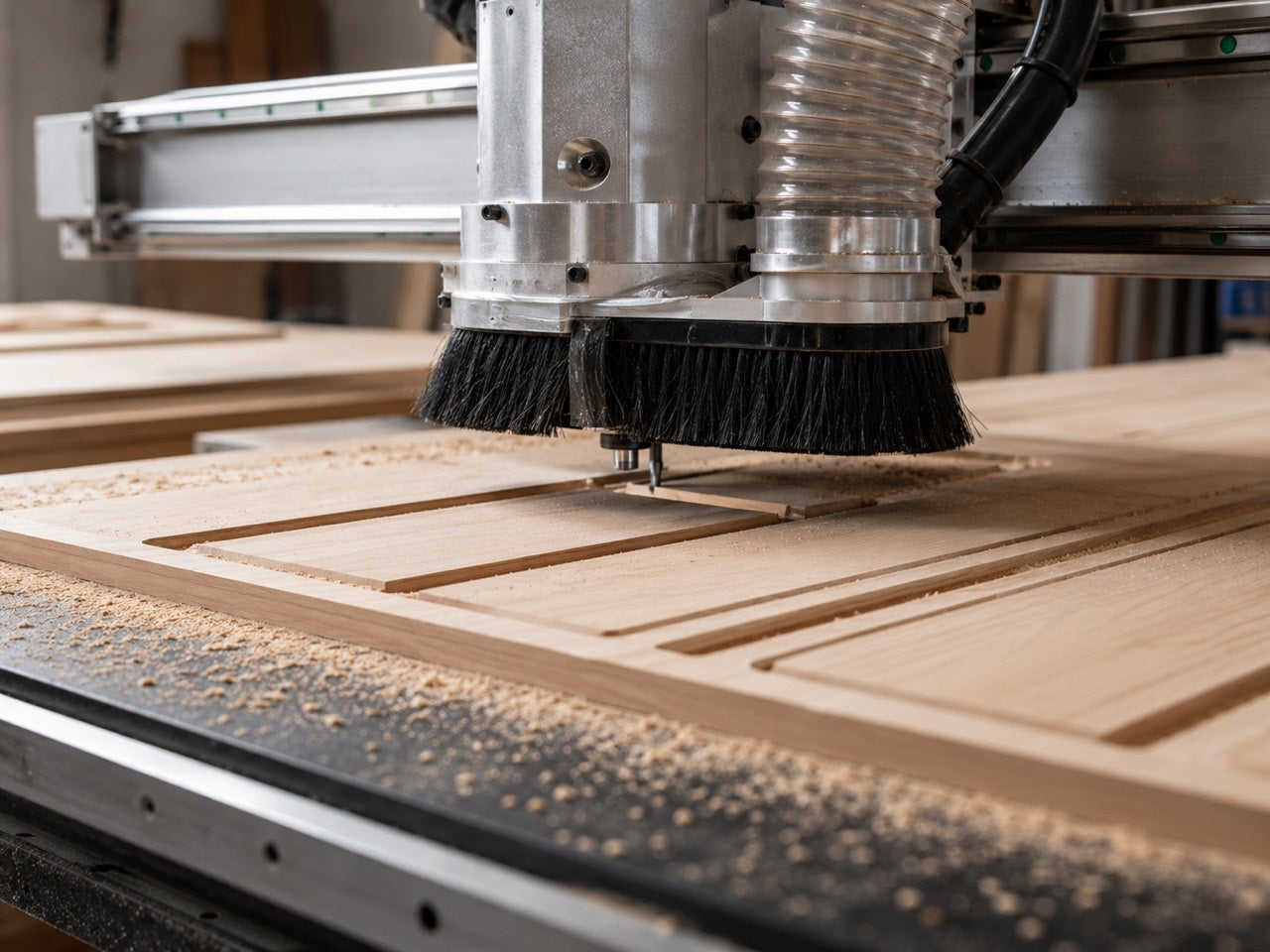 Close-up of a CNC router cutting grooves into a wooden panel
