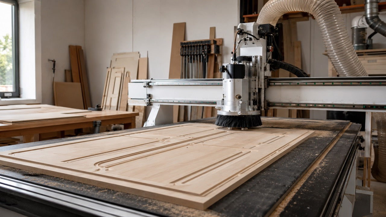 CNC router machining a wooden panel in a small woodworking workshop