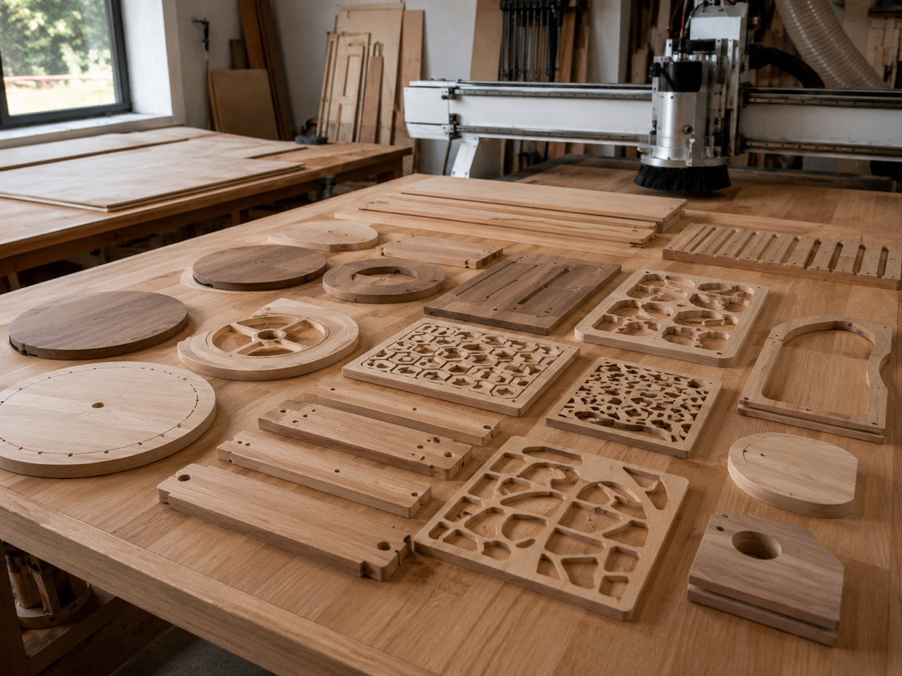 Selection of machined wooden panels and routed parts laid out on a workshop bench