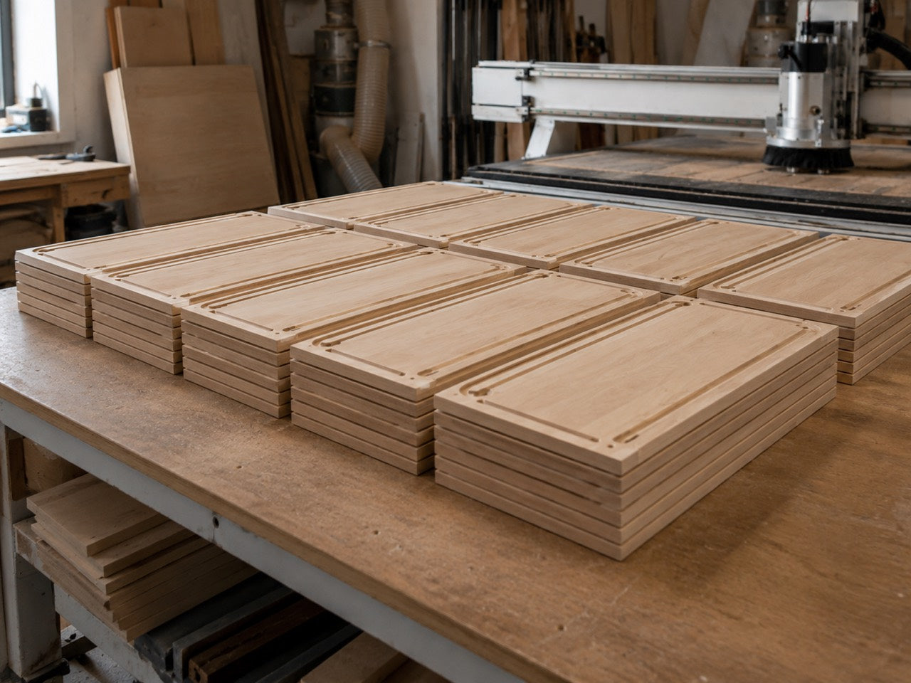 Stacked wooden panels with routed edges on a workshop bench